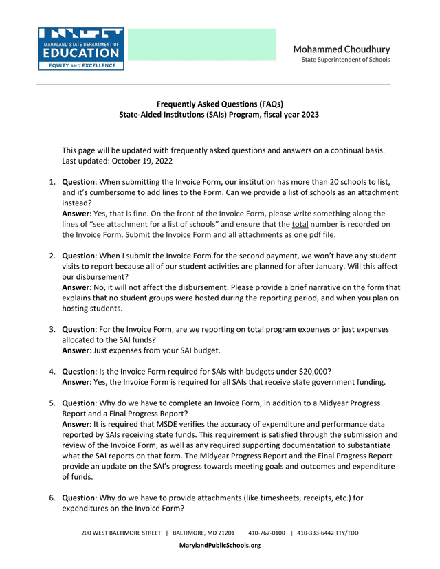 Frequently Asked Questions (FAQs) State Aided Institutions (SAIs) Program screenshot