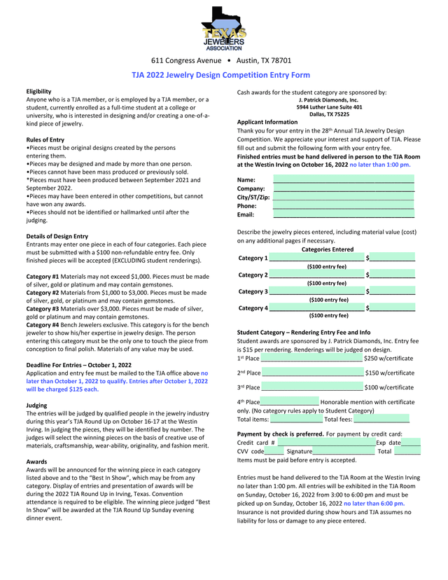 TJA 2022 Jewelry Design Competition Entry Form screenshot