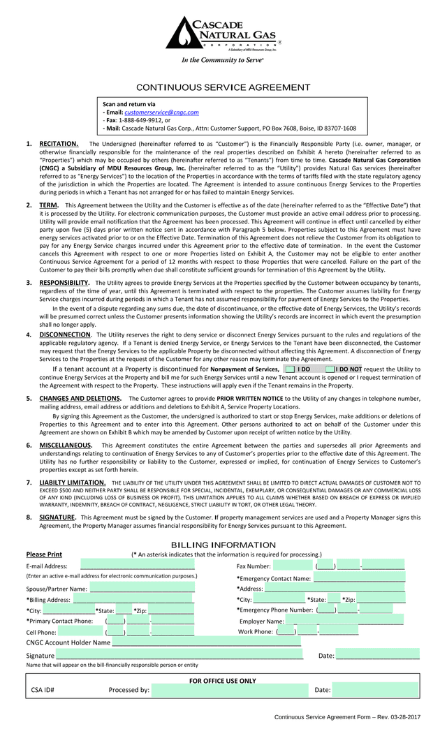 Continuous Service Agreement Form screenshot