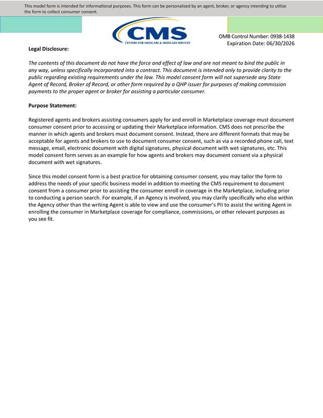 CMS Model Consent Form For Marketplace Agents And Brokers screenshot