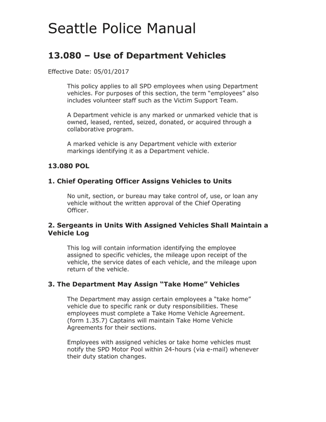 Seattle Police Manual 13.080  Use Of Department Vehicles screenshot