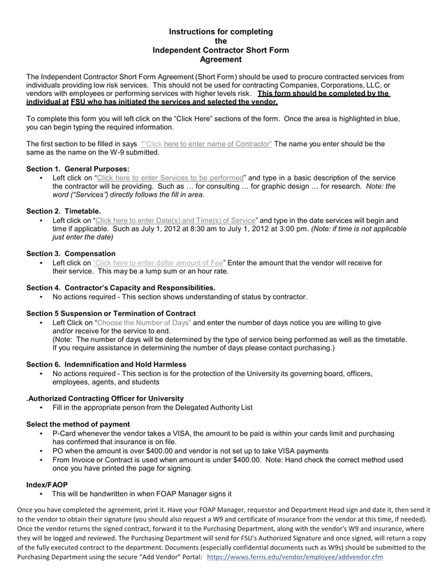 Independent Contractor Short Form Agreement screenshot