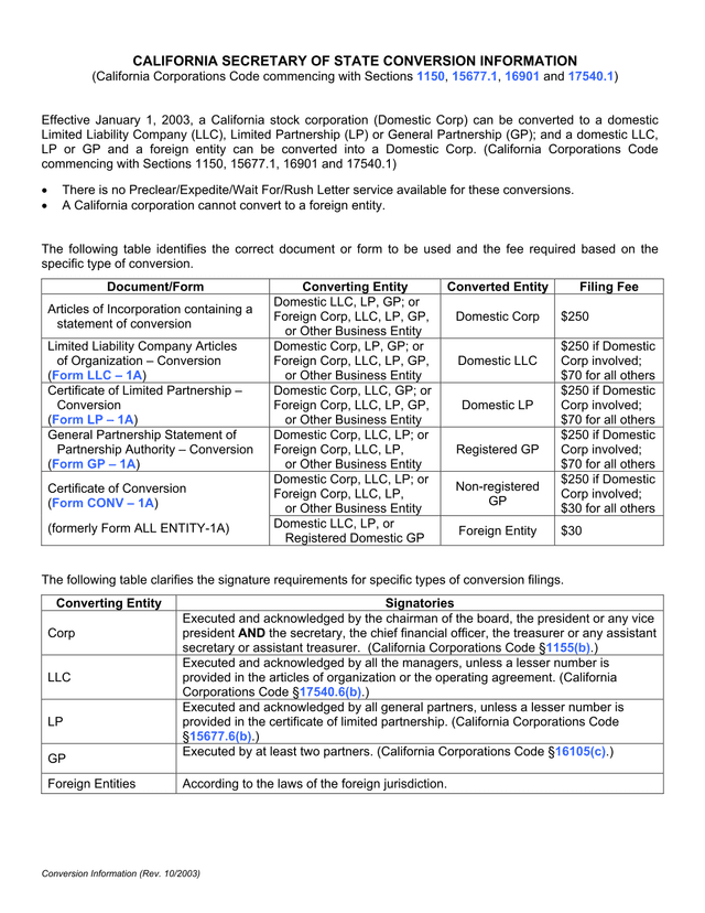 California Secretary Of State Conversion Information screenshot