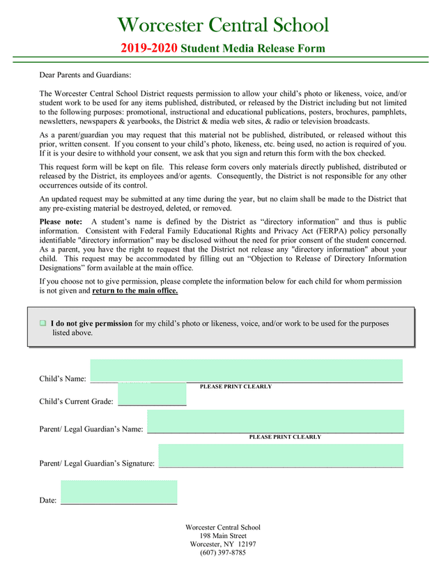 2019 2020 Student Media Release Form screenshot