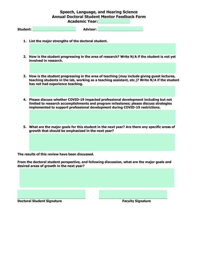 Annual Doctoral Student Mentor Feedback Form screenshot