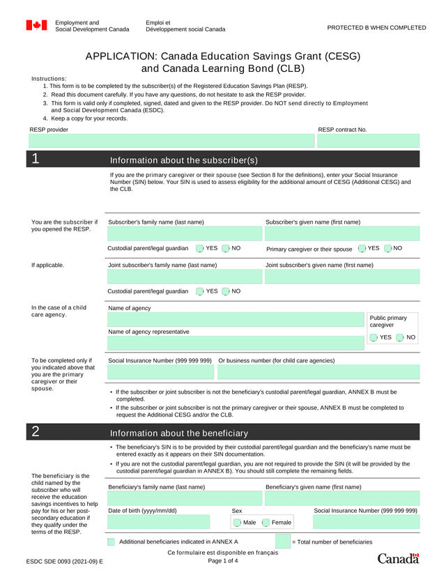 Application Canada Education Savings Grant (CESG) And Canada Learning Bond (CLB) screenshot
