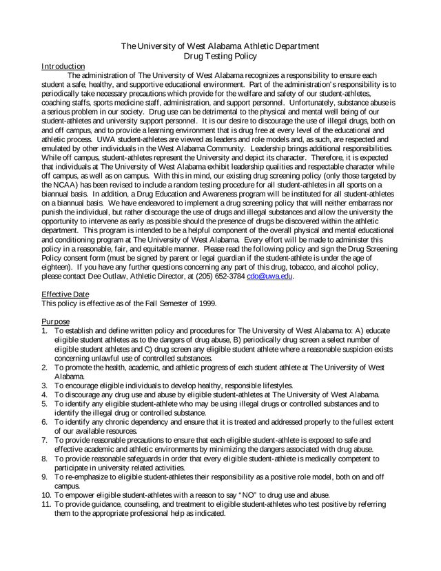 University Of West Alabama Athletic Department Drug Testing Policy screenshot