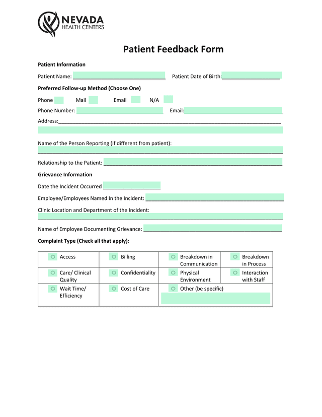 Patient Feedback Form screenshot