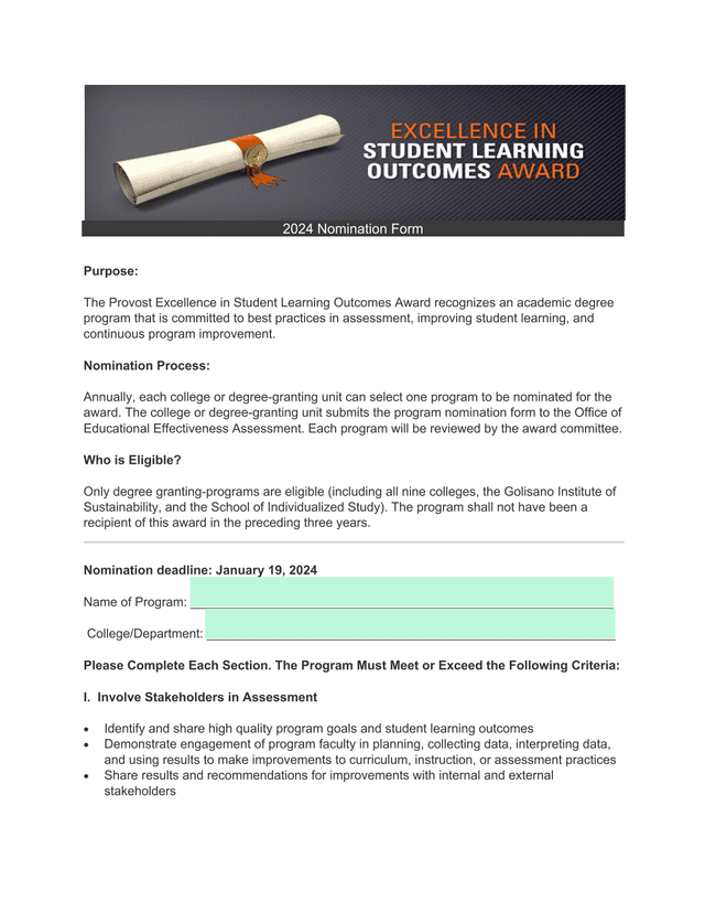 2024 Nomination Form For Provost Excellence In Student Learning Outcomes Award screenshot