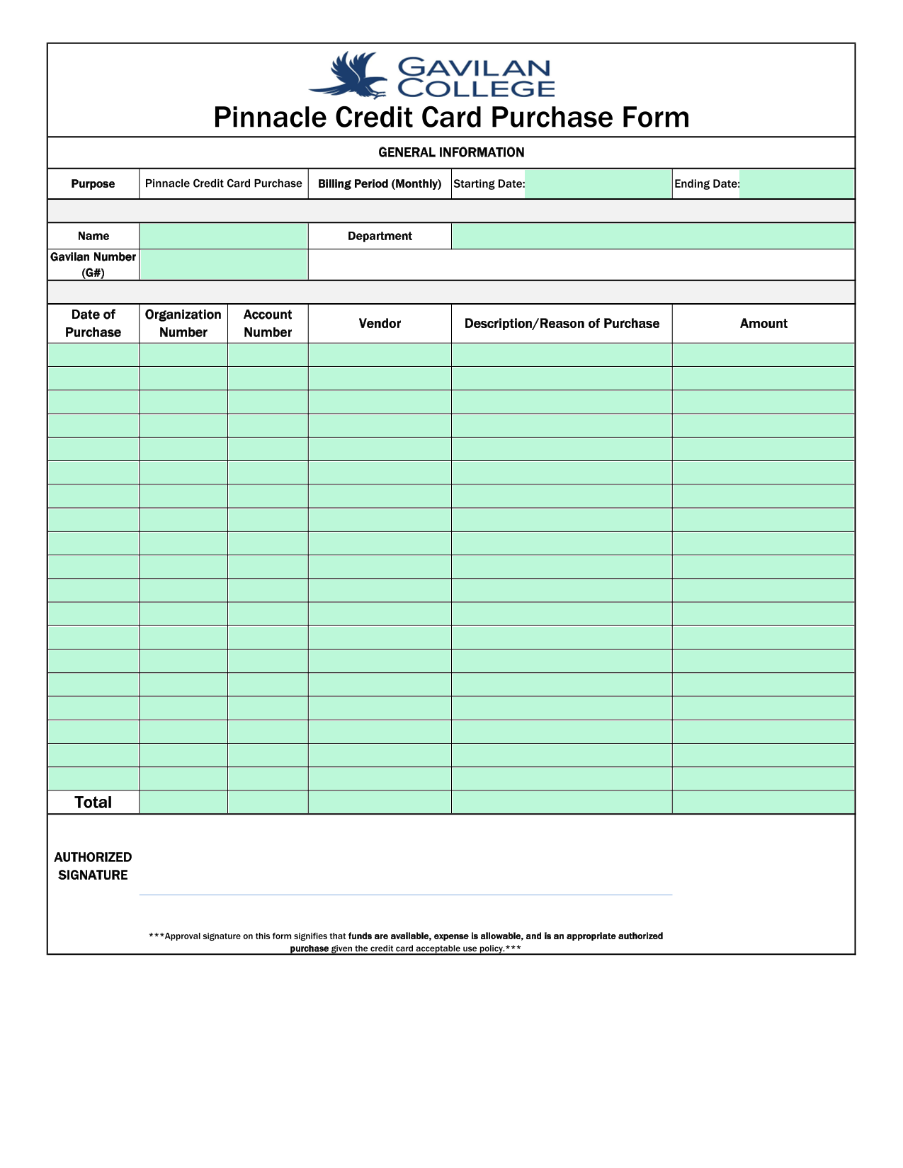 Pinnacle Credit Card Purchase Form screenshot