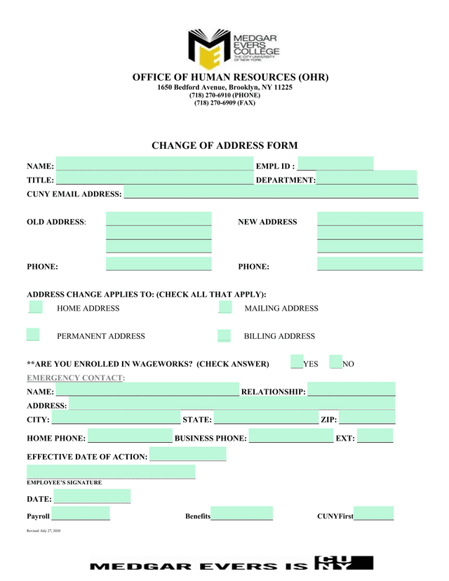 Change Of Address Form screenshot