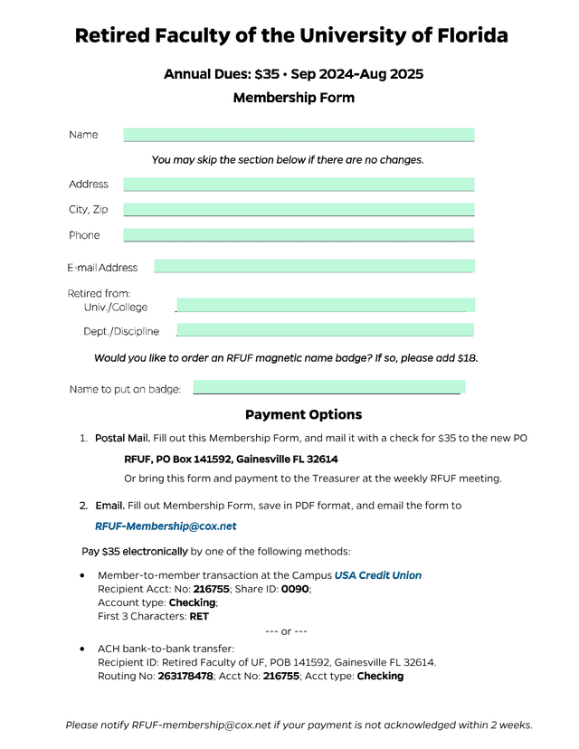 Retired Faculty Of The University Of Florida Membership Form screenshot