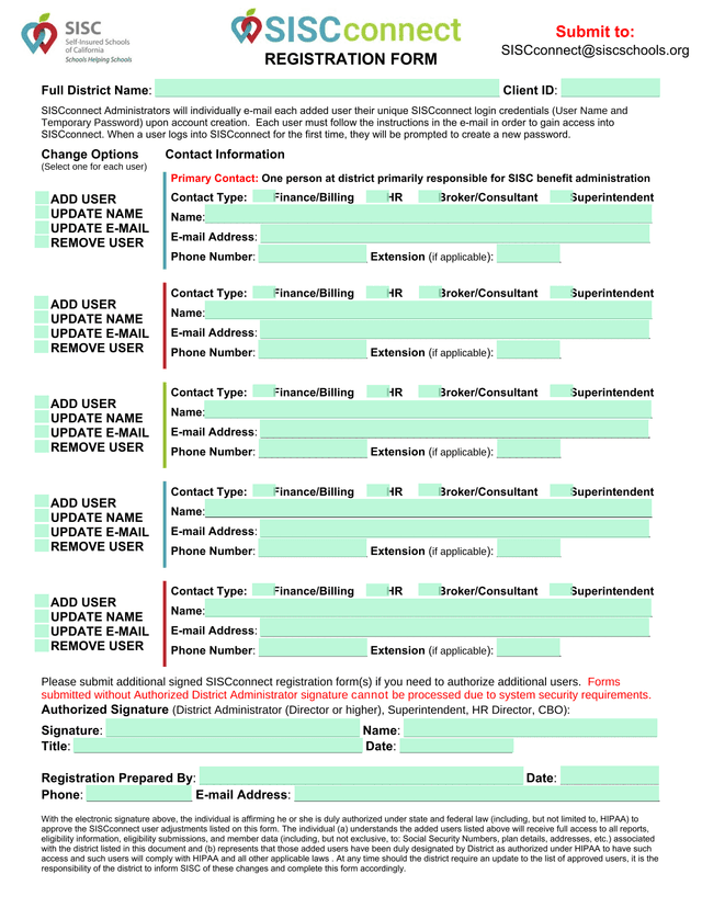 SISCconnect User Registration Form screenshot