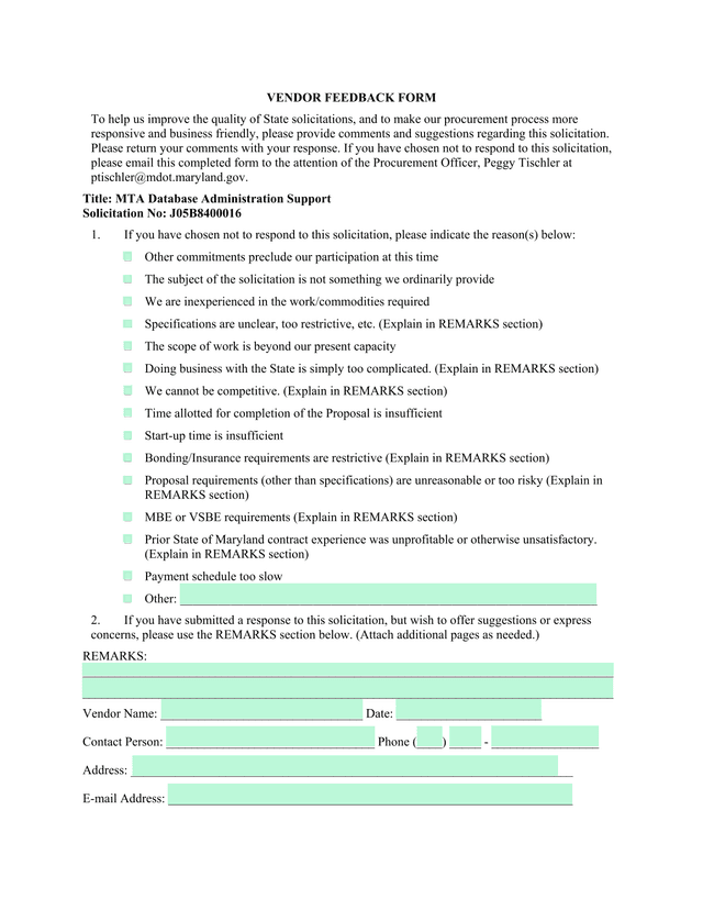 Vendor Feedback Form screenshot