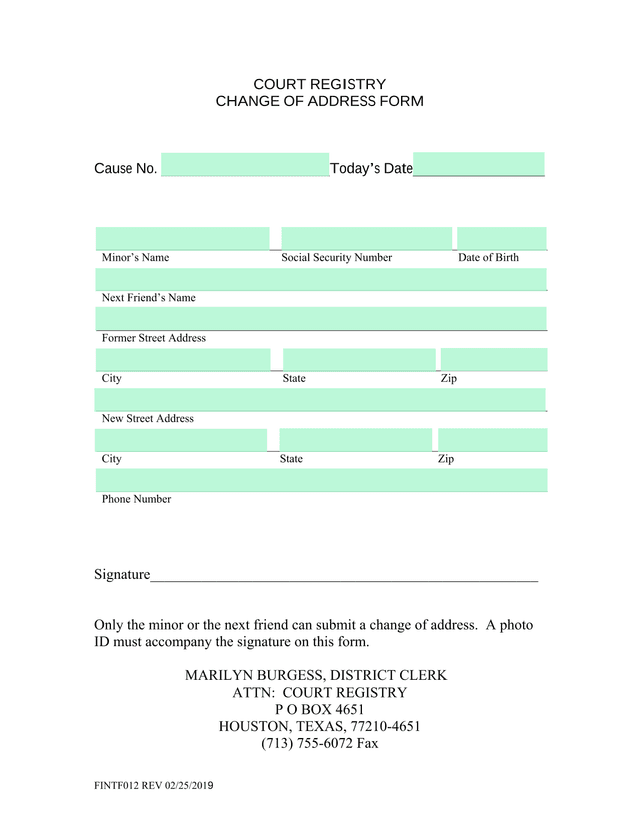 COURT REGISTRY CHANGE OF ADDRESS FORM screenshot
