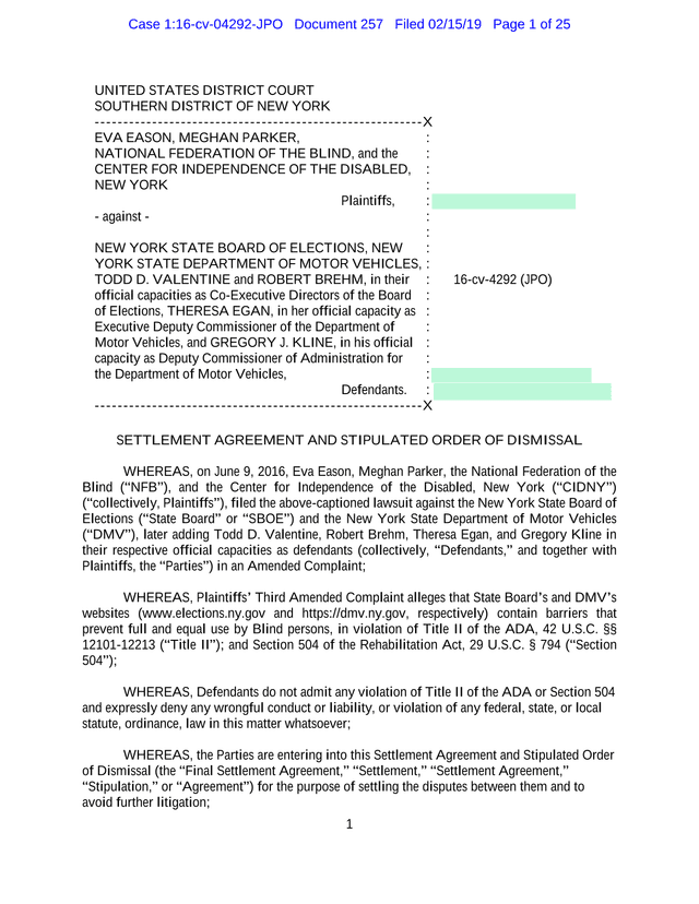 Eason Et Al. V. New York State Board Of Elections Settlement Agreement screenshot