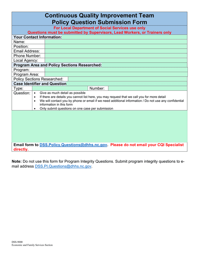 DSS 9000 Policy Question Submission Form screenshot