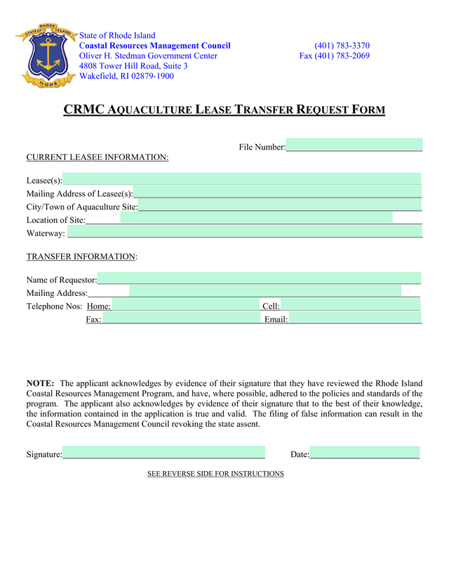 CRMC Aquaculture Lease Transfer Request Form screenshot