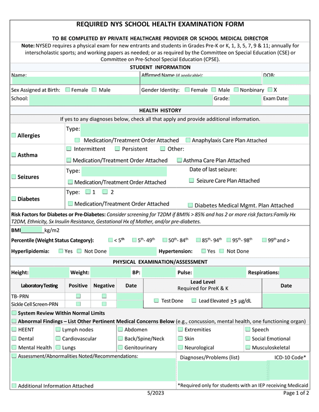 Required NYS School Health Examination Form screenshot