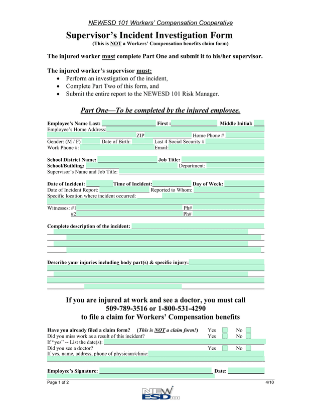 SupervisorS Incident Investigation Form screenshot