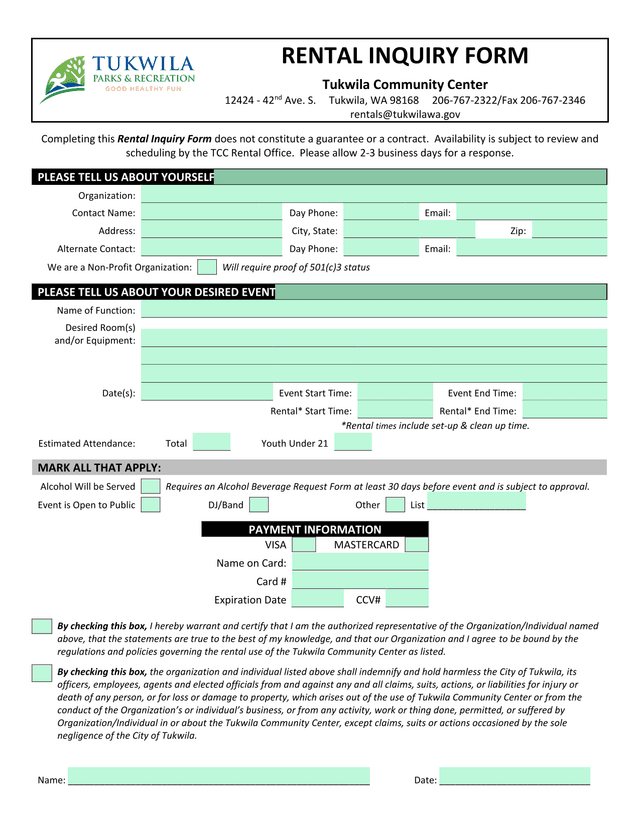 Rental Inquiry Form screenshot