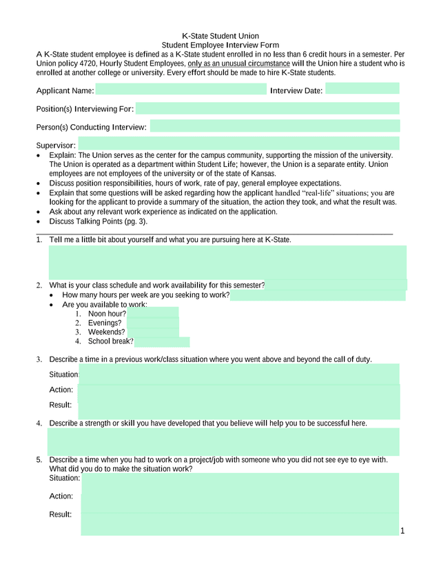 K State Student Union Student Employee Interview Form screenshot