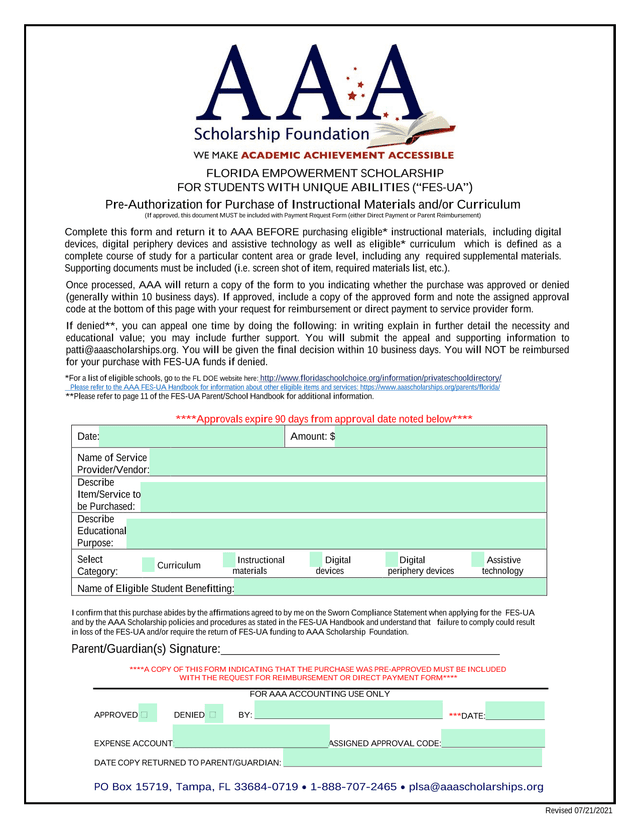 Florida Empowerment Scholarship For Students With Unique Abilities (FES UA) Pre Authorization Form screenshot