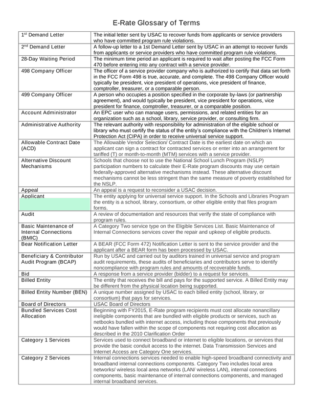 E Rate Glossary Of Terms screenshot