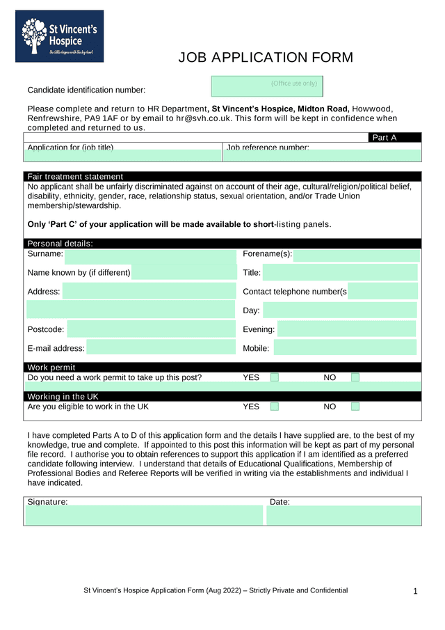 St VincentS Hospice Application Form screenshot