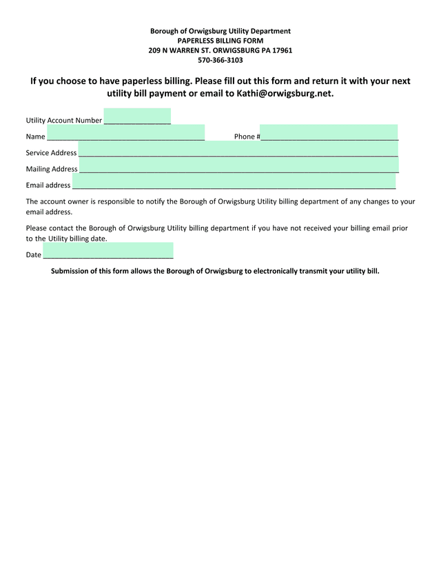 Paperless Billing Form screenshot