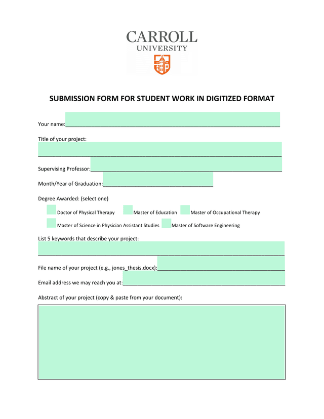 SUBMISSION FORM FOR STUDENT WORK IN DIGITIZED FORMAT screenshot