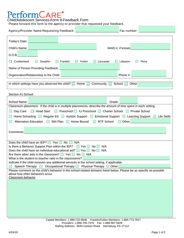 ChildAdolescent Services Form 9 Feedback Form screenshot