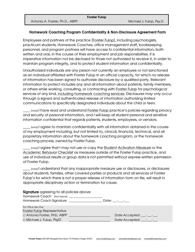 Homework Coaching Program Confidentiality  Non Disclosure Agreement Form screenshot
