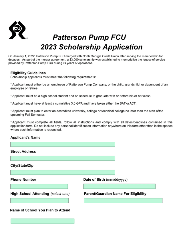 Patterson Pump FCU 2023 Scholarship Application screenshot