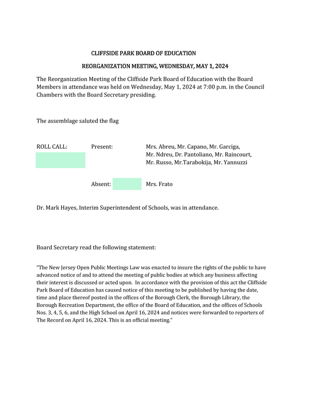 Cliffside Park Board Of Education Reorganization Meeting Minutes screenshot