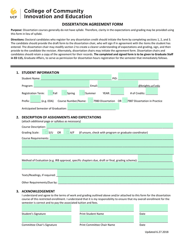 Dissertation Agreement Form screenshot