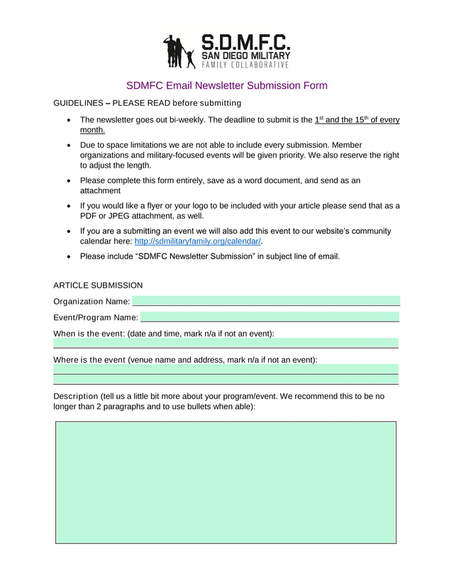 SDMFC Email Newsletter Submission Form screenshot