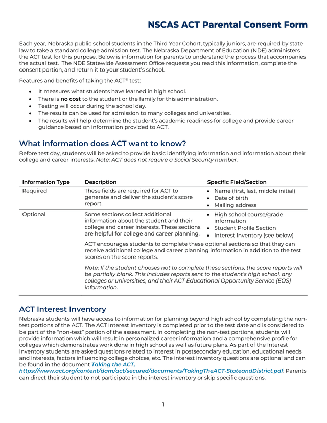 NSCAS ACT Parental Consent Form screenshot