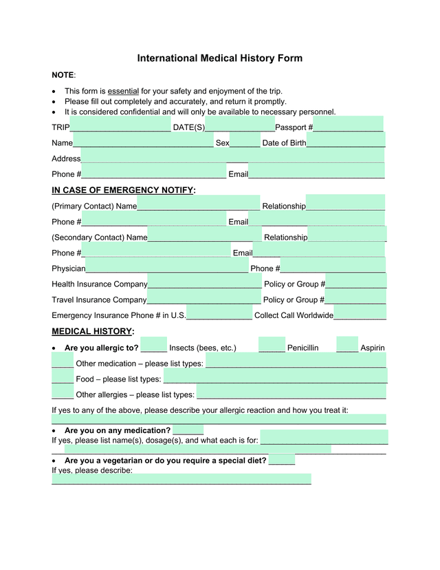 International Medical History Form screenshot