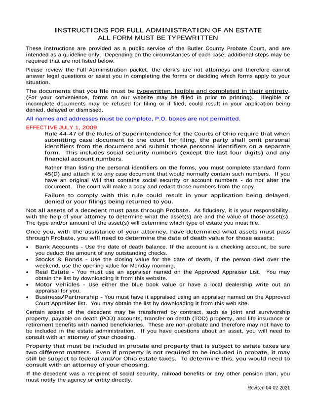 Instructions For Full Administration Of An Estate screenshot