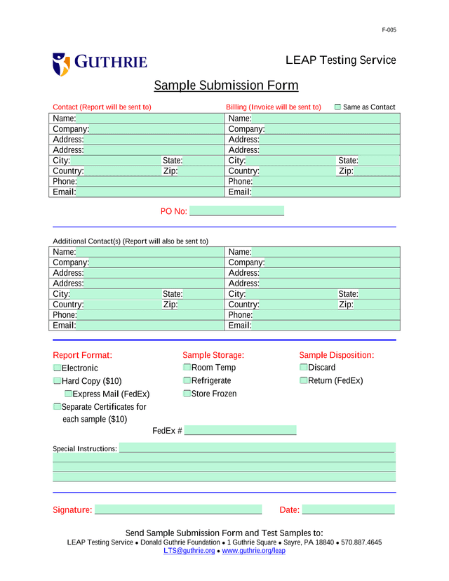 LEAP Testing Service Sample Submission Form screenshot