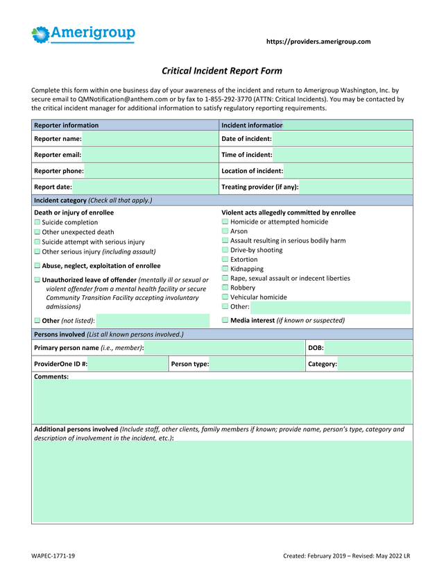 Critical Incident Report Form screenshot