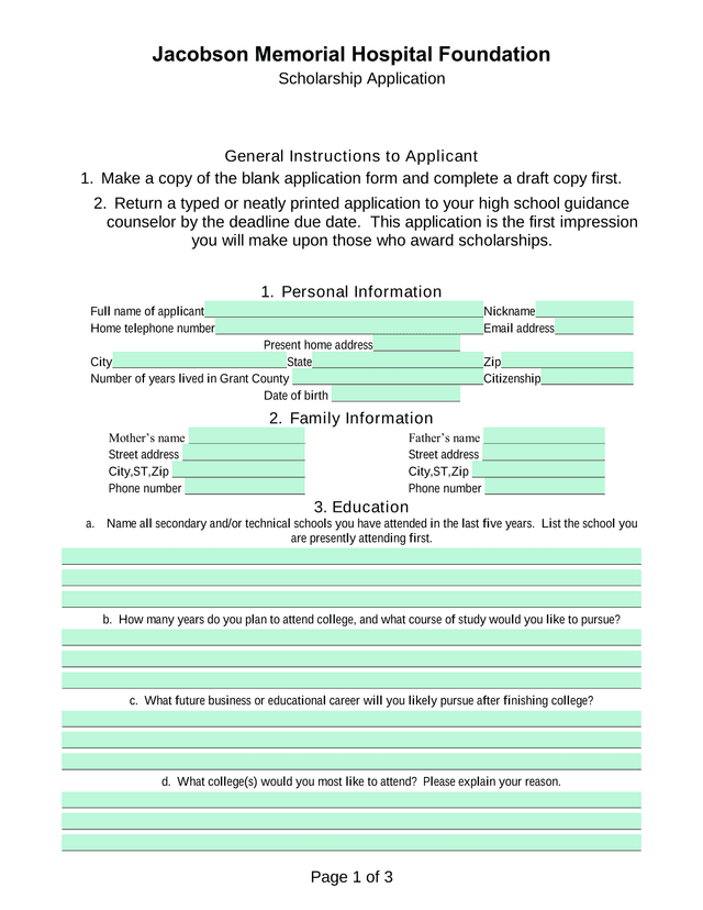 Jacobson Memorial Hospital Foundation Scholarship Application screenshot