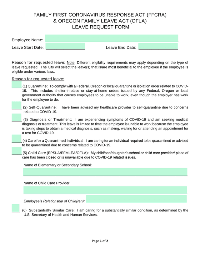 FAMILY FIRST CORONAVIRUS RESPONSE ACT (FFCRA)  OREGON FAMILY LEAVE ACT (OFLA) LEAVE REQUEST FORM screenshot