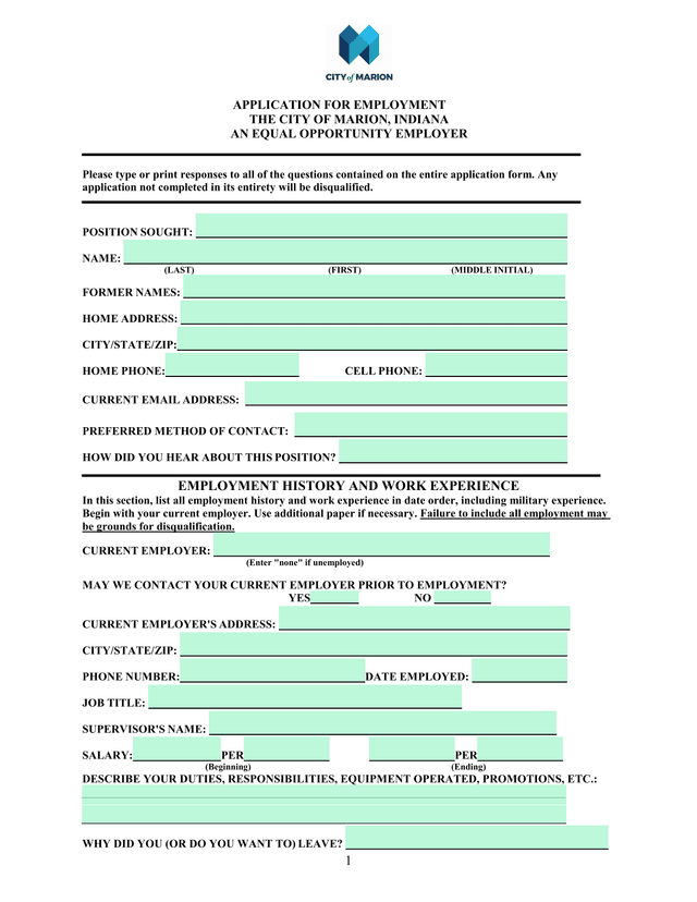 APPLICATION FOR EMPLOYMENT screenshot