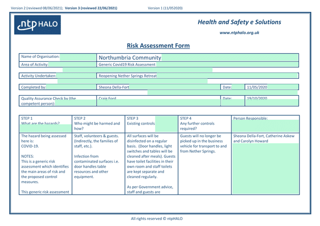 Risk Assessment Form screenshot