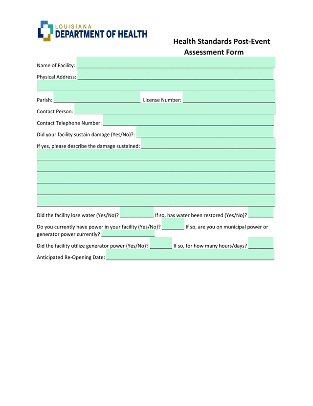 Health Standards Post Event Assessment Form screenshot