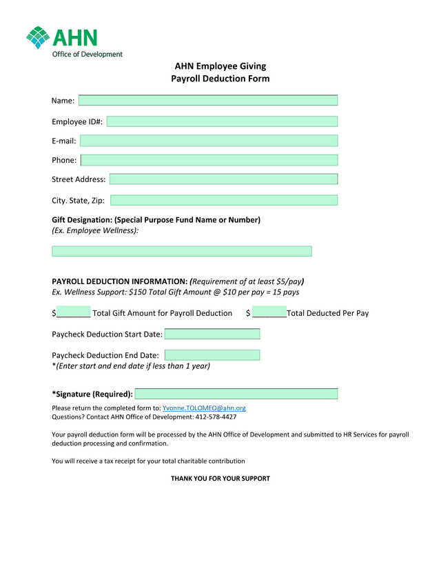 AHN Employee Giving Payroll Deduction Form screenshot