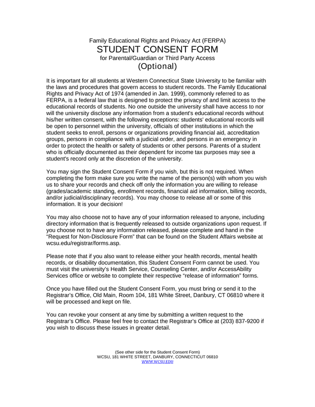 Family Educational Rights And Privacy Act (FERPA) Student Consent Form screenshot