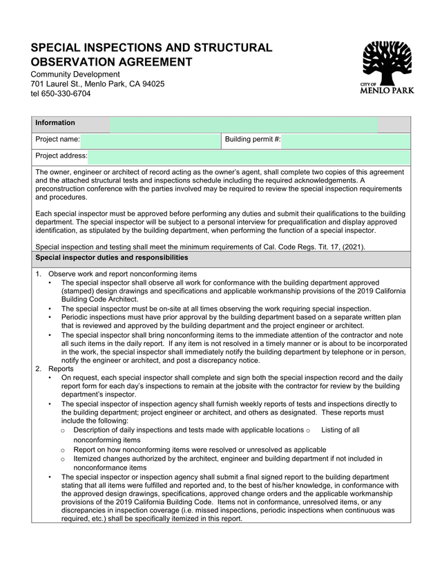 SPECIAL INSPECTIONS AND STRUCTURAL OBSERVATION AGREEMENT screenshot